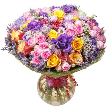 bunch of flowers in glass vase isolated