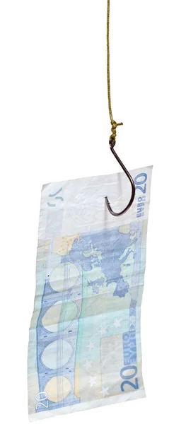 Fishing with 20 euro banknote lure on fishhook — Stock Photo, Image