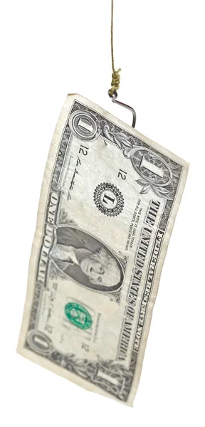 Fishing with 1 dollar banknote bait on fishhook — Stock Photo, Image
