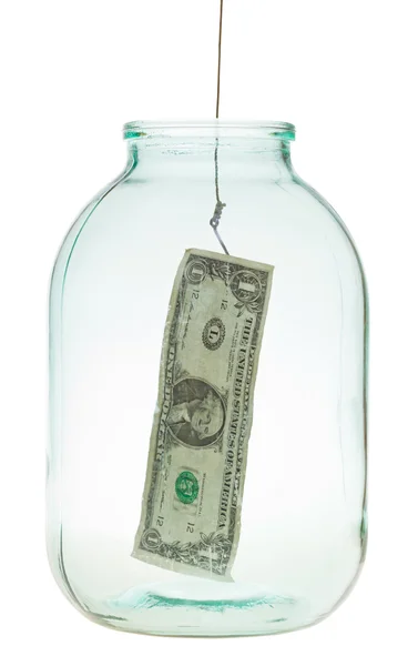 Catching the last dollar from glass jar — Stock Photo, Image