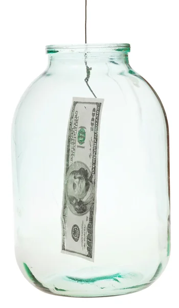 Catching 100 dollars banknote from glass jar — Stock Photo, Image