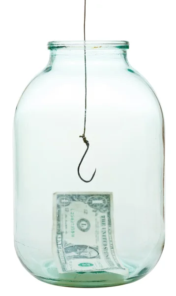Banconota da un dollaro sul fondo di vaso e amo da pesca — Foto Stock