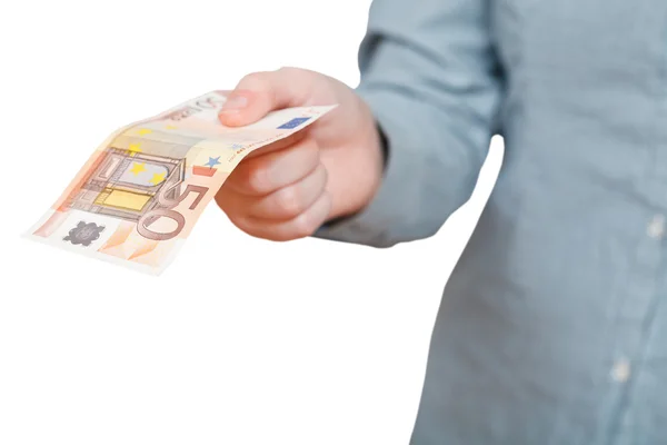在手臂上白色孤立五十欧元钞票 — 图库照片