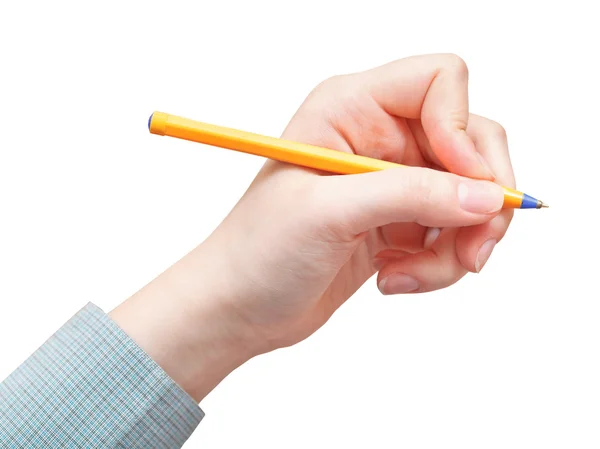 Hand schreibt mit gelbem Stift isoliert — Stockfoto