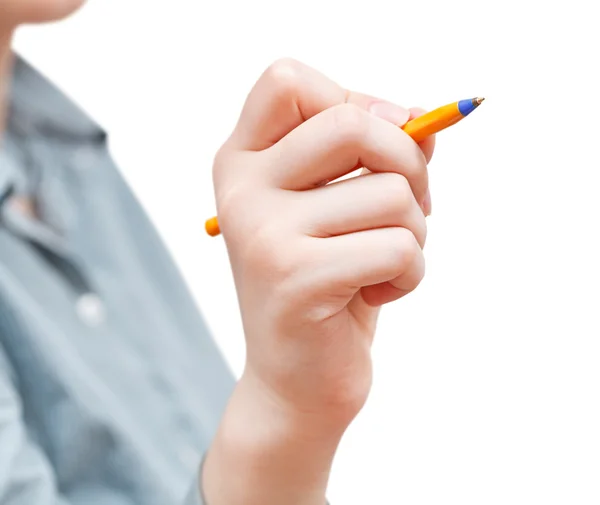 Menina escreve por caneta isolada no branco — Fotografia de Stock