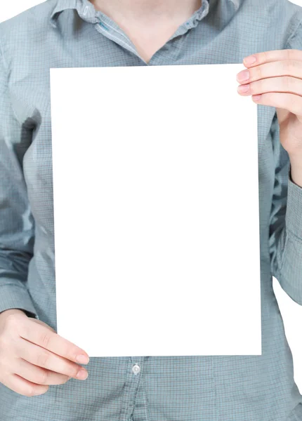 White sheet of paper in female hands — Stock Photo, Image