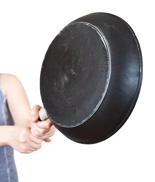 Frying pan in female hands close up — Stock Photo, Image