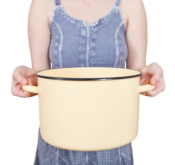 Woman with large open saucepan isolated — Stock Photo, Image