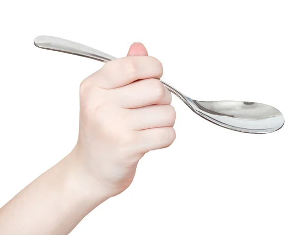 Hand with soup spoon isolated on white — Stock Photo, Image