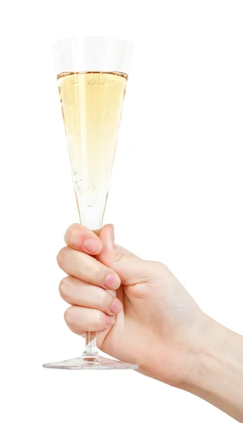 Köpüklü şarap ile flüt cam elini tutar — Stok fotoğraf