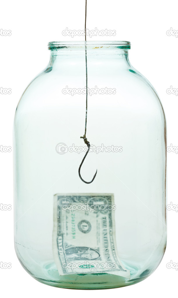 one dollar banknote on bottom of jar and fishhook