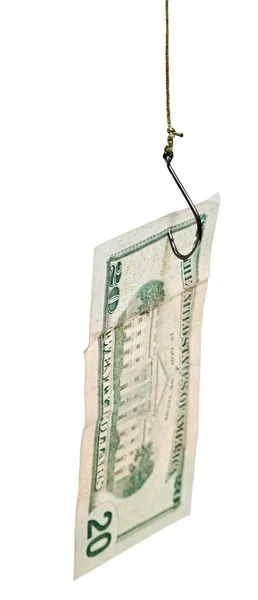 Fishing with 20 dollars banknote bait on fishhook — Stock Photo, Image