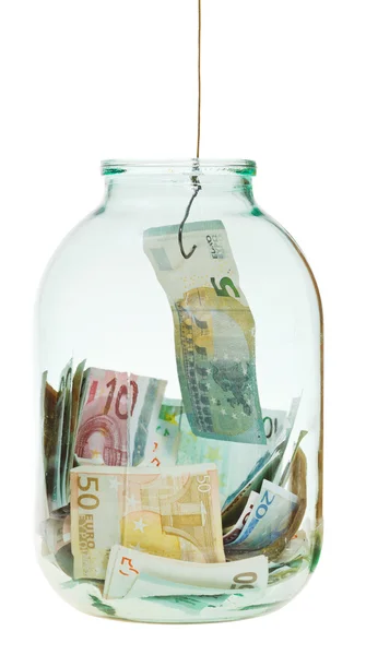 Salir ahorrando dinero en euros de frasco de vidrio —  Fotos de Stock