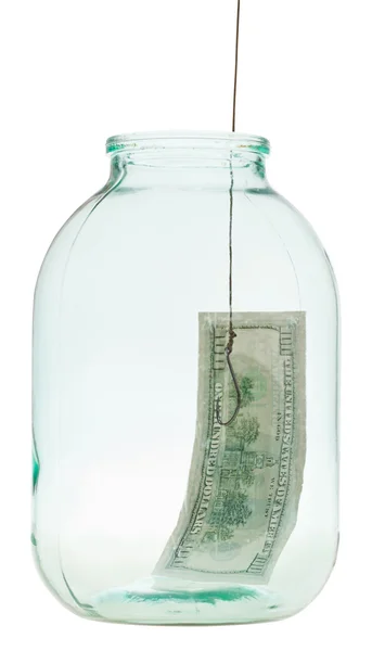 Fishing out 100 dollars banknote from glass jar — Stock Photo, Image