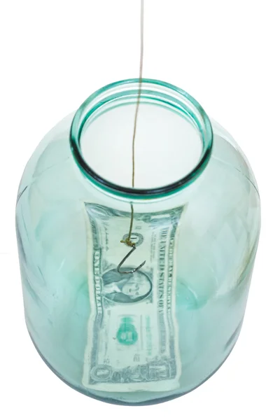 Above view of last dollar and fishhook in glass jar — Stock Photo, Image