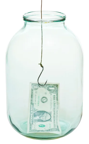 One dollar money and fishhook in glass jar — Stock Photo, Image