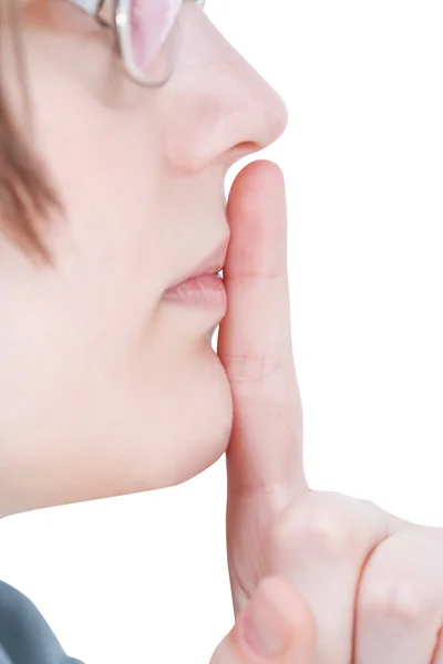 Palcem wskazującym w pobliżu usta - milczenie strony gest — Zdjęcie stockowe