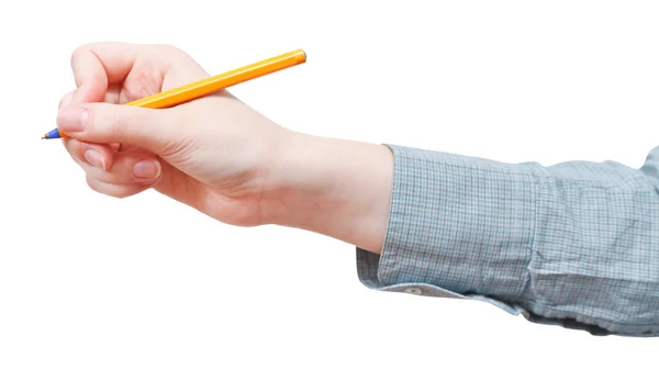 Mão feminina escreve por caneta isolada — Fotografia de Stock