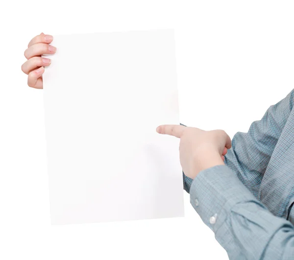 Finger pointing on sheet of paper — Stock Photo, Image