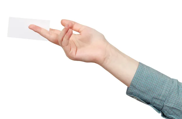 Puste karty biznesowe między palcami na białym tle — Zdjęcie stockowe