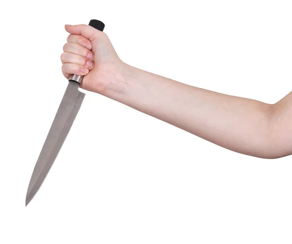 Hand mit Küchenmesser isoliert auf weiß — Stockfoto