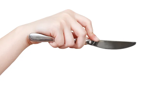 Mano con cuchillo de mesa aislado en blanco — Foto de Stock