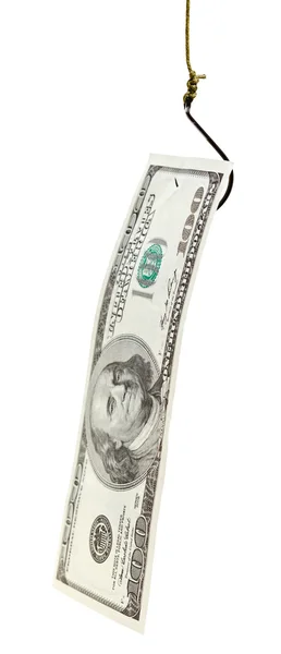 Fishing with 100 dollars banknote bait on fishhook — Stock Photo, Image