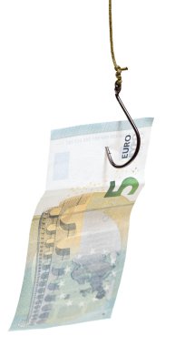Beş euro banknot yem kanca ile balıkçılık