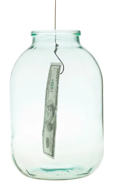 Get out 100 dollars banknote from glass jar — Stock Photo, Image
