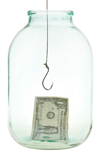 Last dollar and fishhook in glass jar — Stock Photo, Image