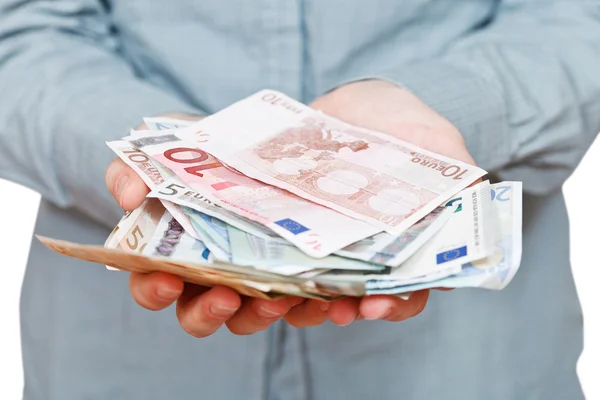 すぼめ手のひらで多くのユーロ紙幣の正面図 — ストック写真
