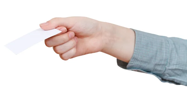 Blank business card in woman's hand isolated — Stock Photo, Image