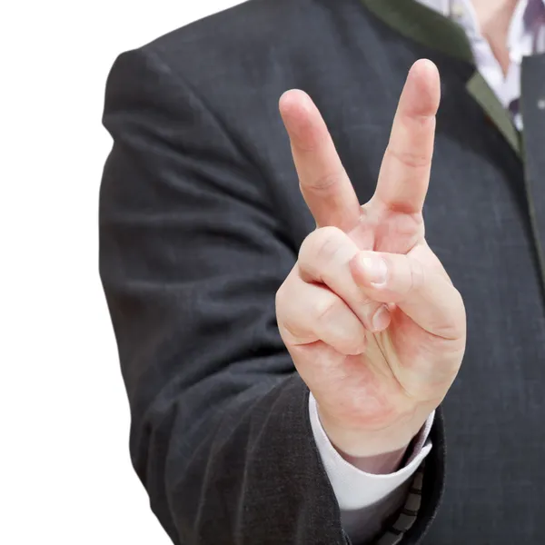 Üzletember azt mutatja, hogy győzelem jele - kéz gestur — Stock Fotó