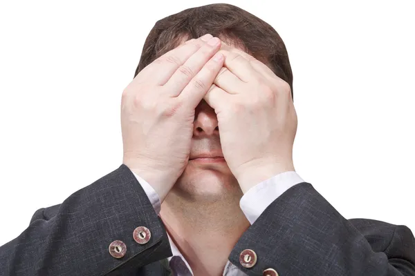 Businessman closed his eyes by two hands — Stock Photo, Image