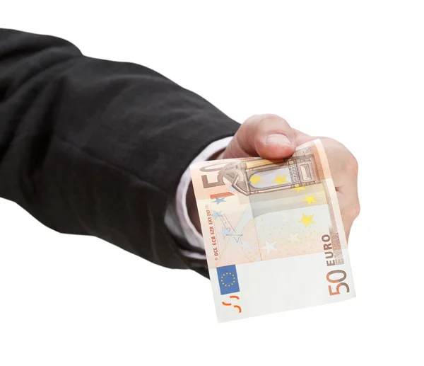 Banknot 50 euro w męskiej ręki z bliska — Zdjęcie stockowe