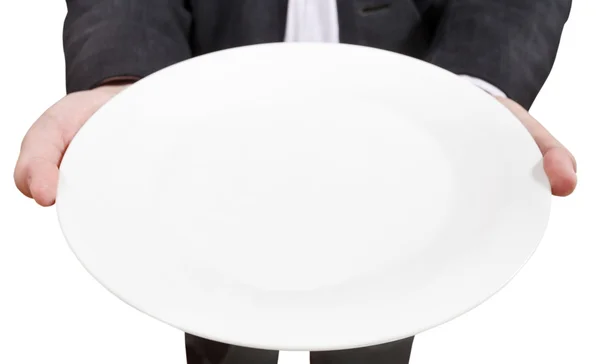 Вид зверху бізнесмен тримає порожню білу тарілку — стокове фото