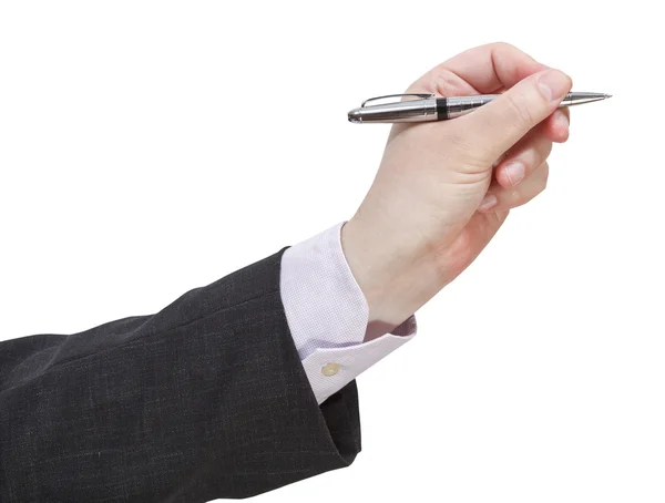 Πλάγια όψη του χεριού του επιχειρηματία με ασημένια στυλό — Φωτογραφία Αρχείου