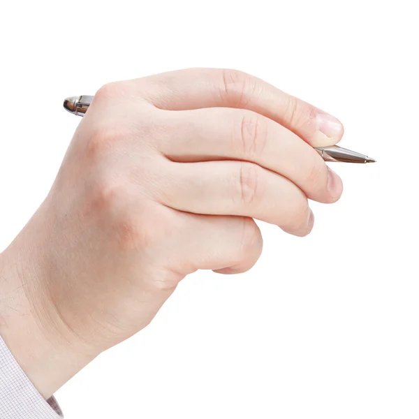 Mano de hombre de negocios con pluma de plata de cerca — Foto de Stock