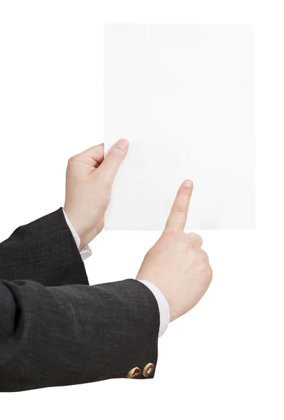 Blank sheet of paper in businessman hand — Stock Photo, Image