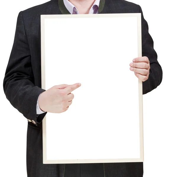 Businessman holds blank billboard in hands — Stock Photo, Image