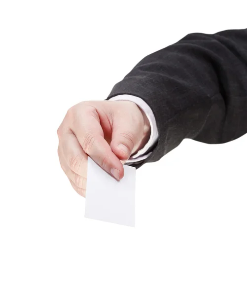 Front view of blank business card in male hand — Stock Photo, Image
