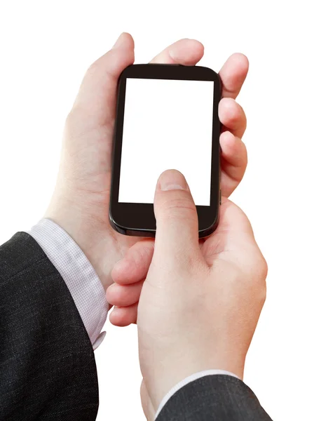 Teléfono inteligente cortar la pantalla en manos de hombres de negocios —  Fotos de Stock