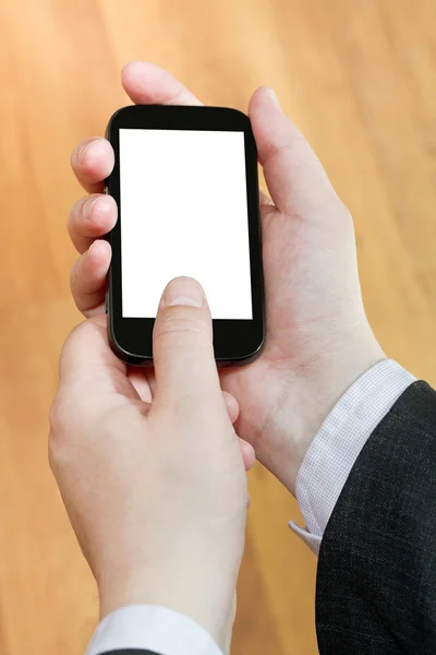 Smart phone with cut out screen in male hands — Stock Photo, Image