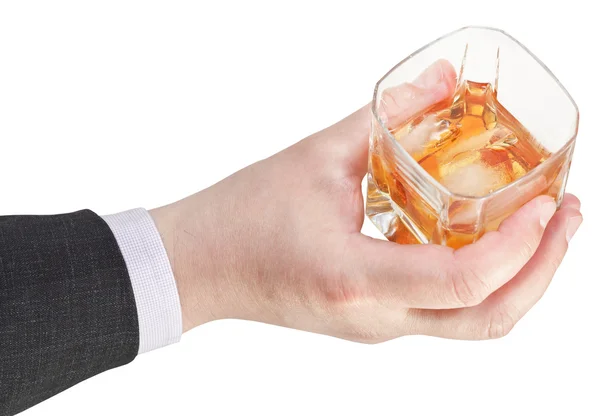 Powyżej widok szkła whisky w ręce biznesmen — Zdjęcie stockowe