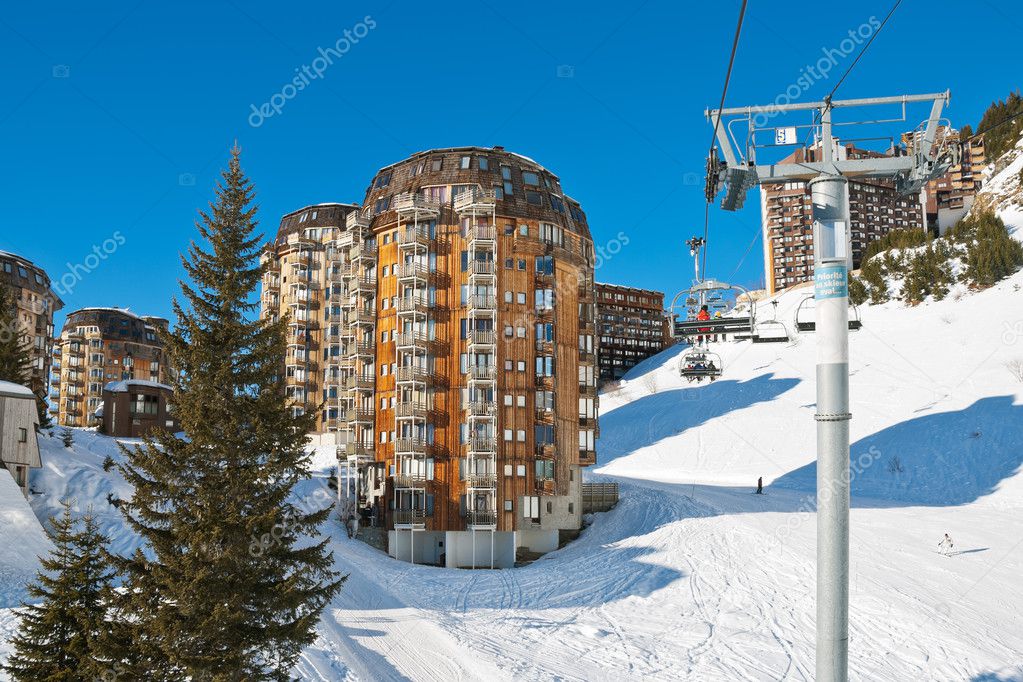 Ski lift and view of Avoriaz town in Alps, France