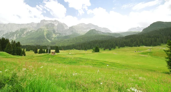 Vale verde nas montanhas Dolomitas no verão — Fotografia de Stock