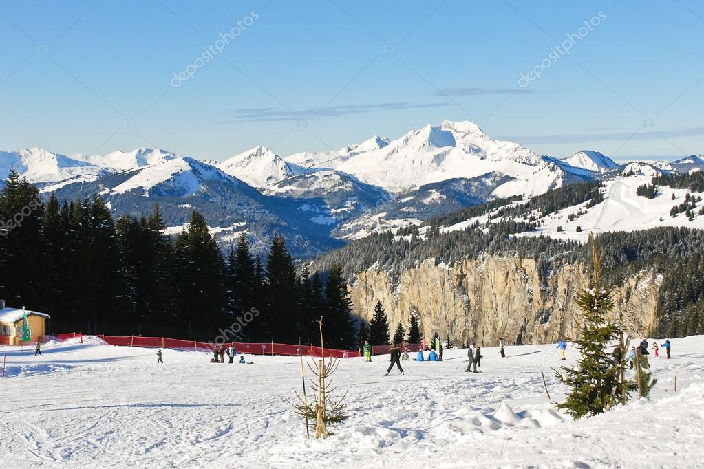 Skiing tracks on snow in Portes du Soleil area