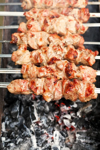 Espetos com kebabs shish sobre queima de carvão — Fotografia de Stock