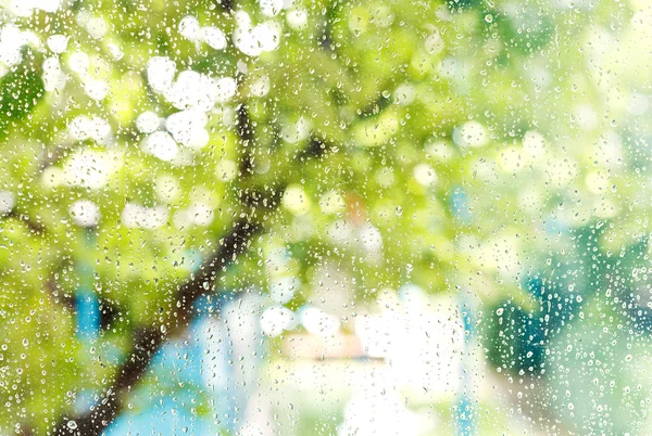 Janela home com gotas de chuva após a chuva de verão — Fotografia de Stock