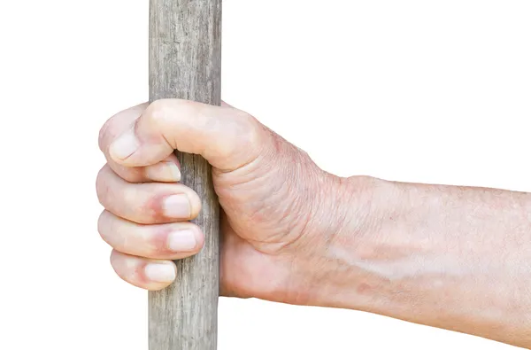 Male hand holds old wooden staff — Stock Photo, Image